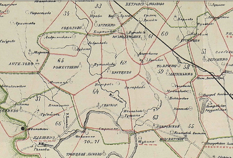 Тушино на карте 1869 года с границами волостей и приходов.