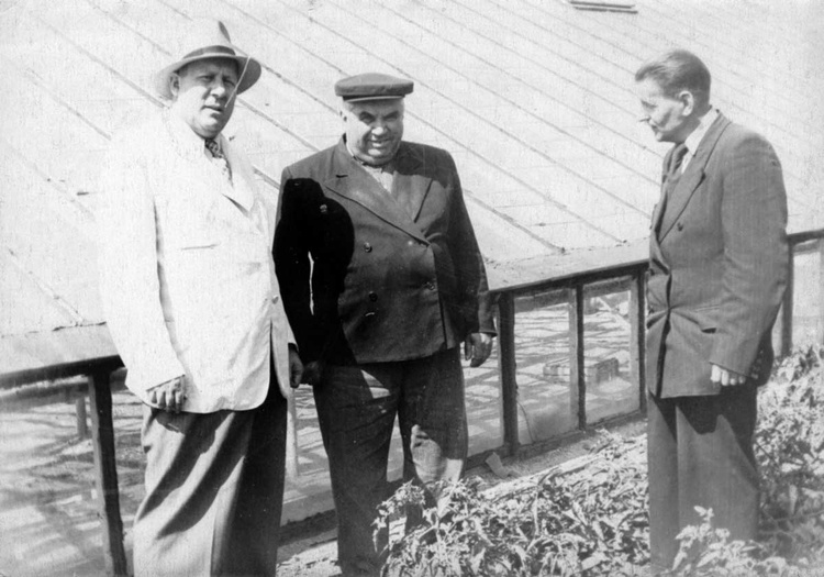 Председатель к-за "Тушино"  Н.М.Курочкин (в центре) показывает теплицы за р.Сходней секретарям горкома.