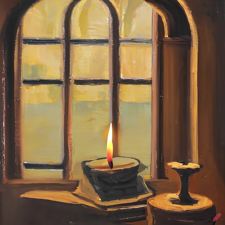 craiyon_194315_Medieval_castle__View_of_nature_from_the_arched_window__A_candle_is_burning_on_the_wi