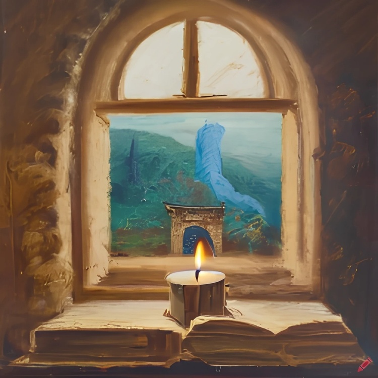 craiyon_194303_Medieval_castle__View_of_nature_from_the_arched_window__A_candle_is_burning_on_the_wi