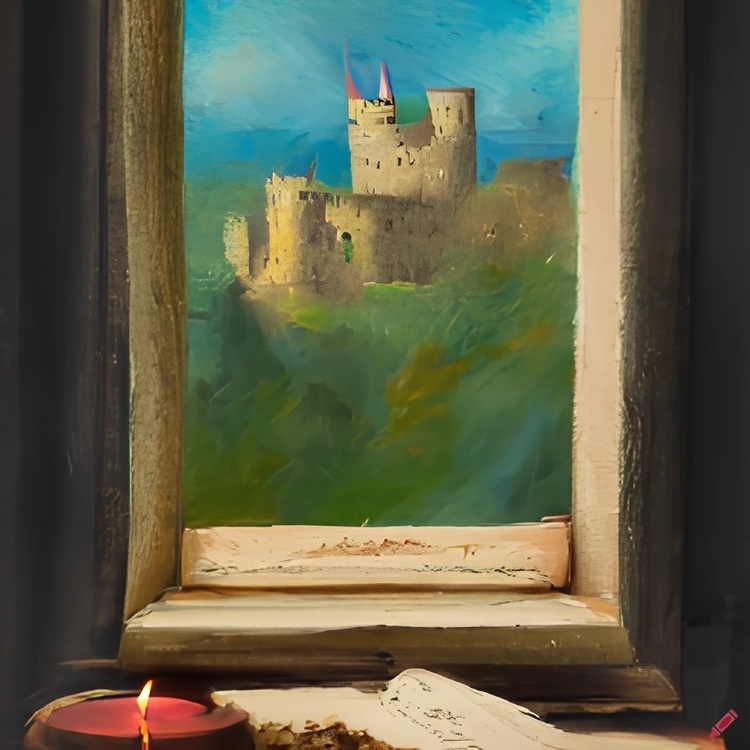 craiyon_194335_Medieval_castle__View_of_nature_from_the_arched_window__A_candle_is_burning_on_the_wi